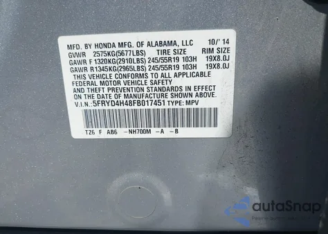 2015 Acura Mdx Technology Package from USA, damaged, VIN 5FRYD4H48FB017451